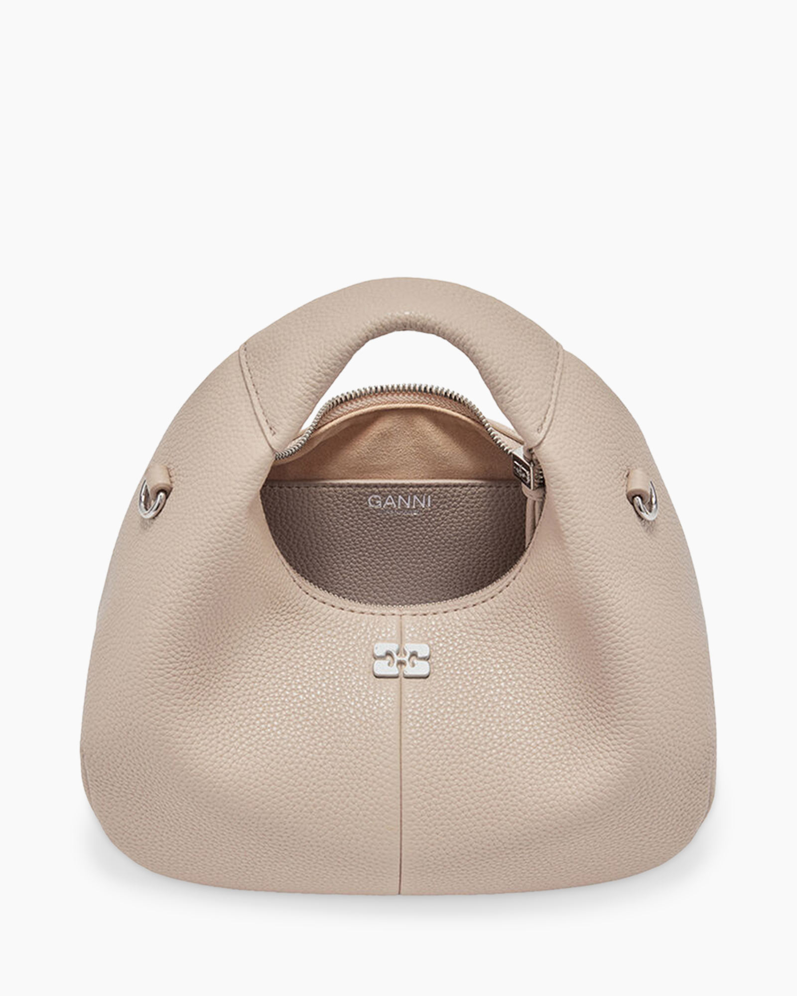 handbag, beige, pebbled leather, top-handle, zip closure