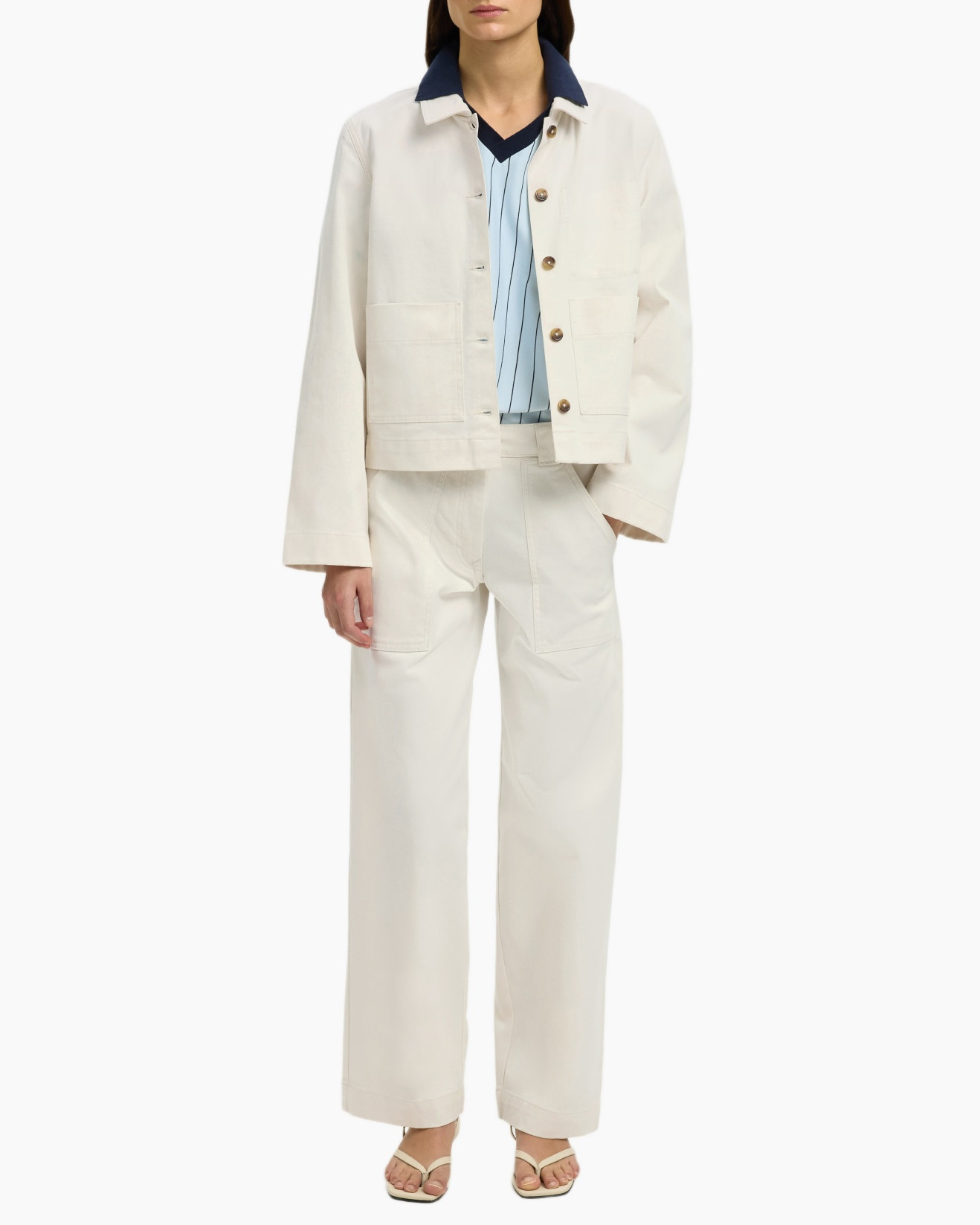 beige jacket, matching set, wide leg pants, collared jacket, button front