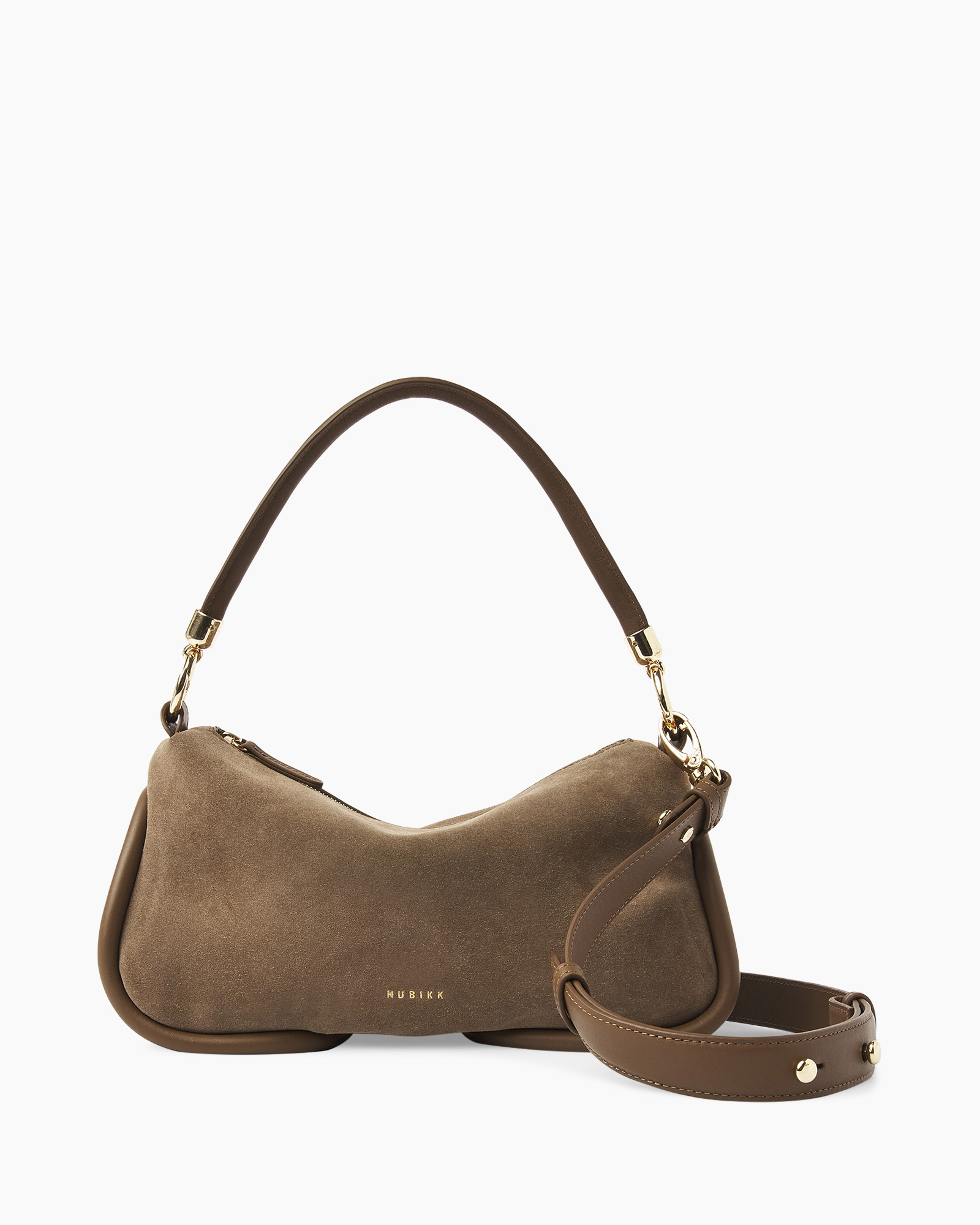 handbag, shoulder bag, brown, suede, gold hardware
