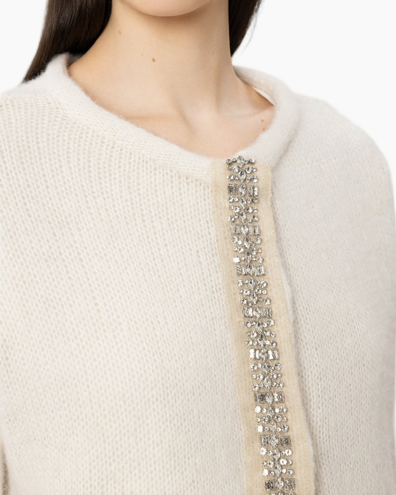 Cardigan,  Knitwear,  Embellished trim,  Beaded line,  Cream color