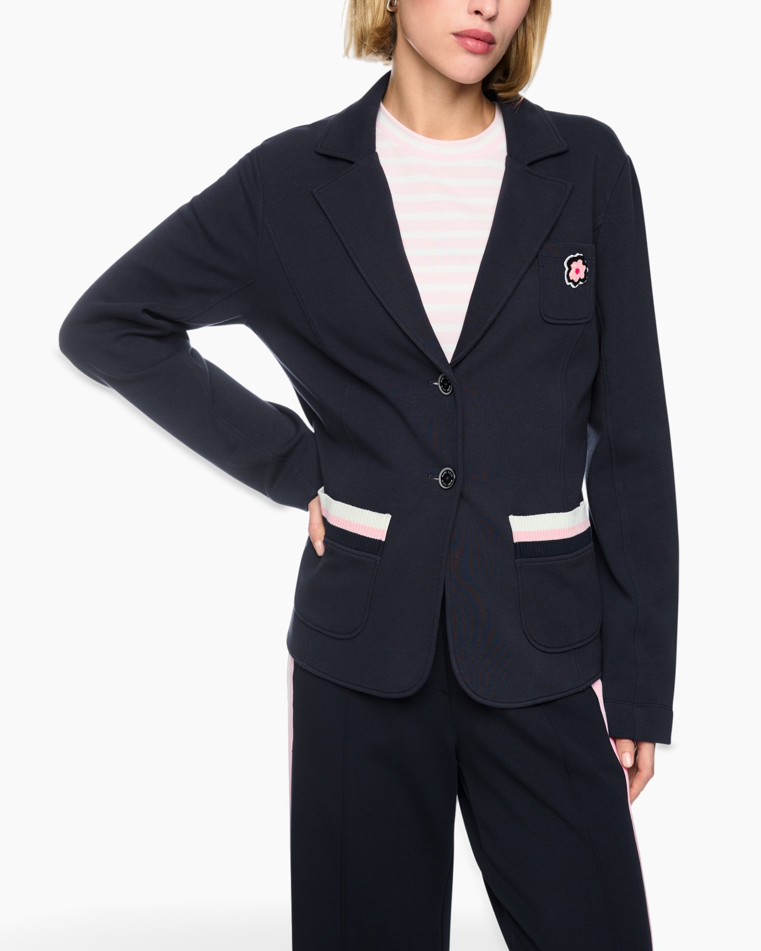 blazer, navy blazer, pink accents, front pockets, cardigan-style blazer