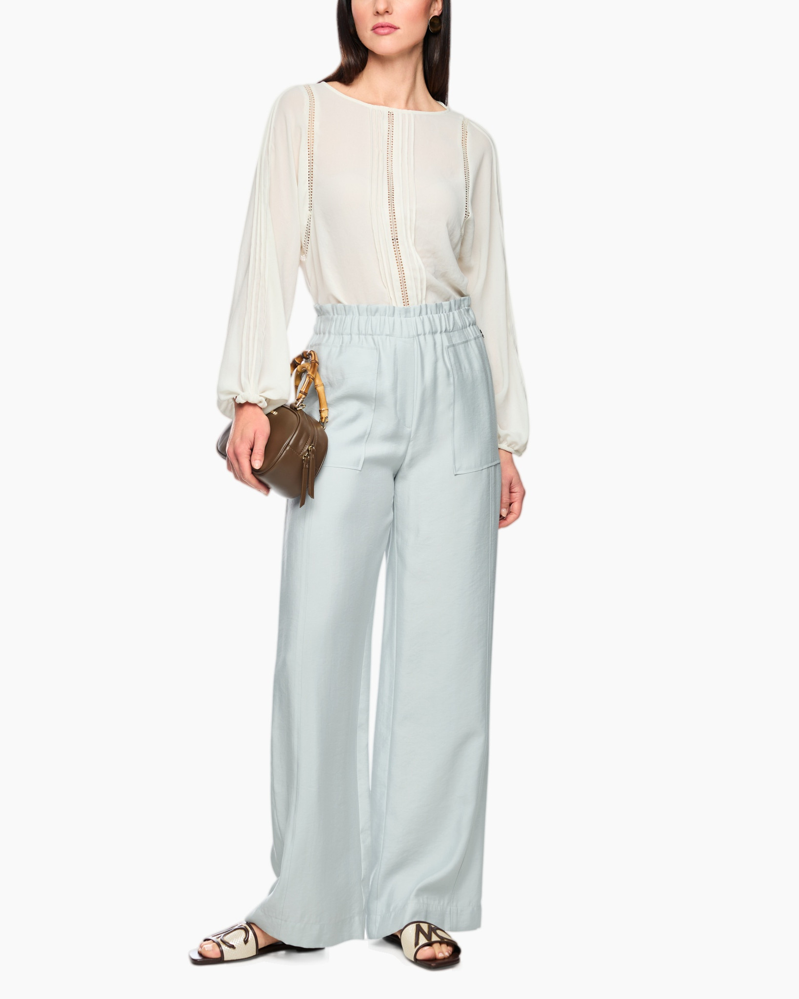 cream blouse, pearl blouse, long sleeves, linen look, light blue wide-leg pants