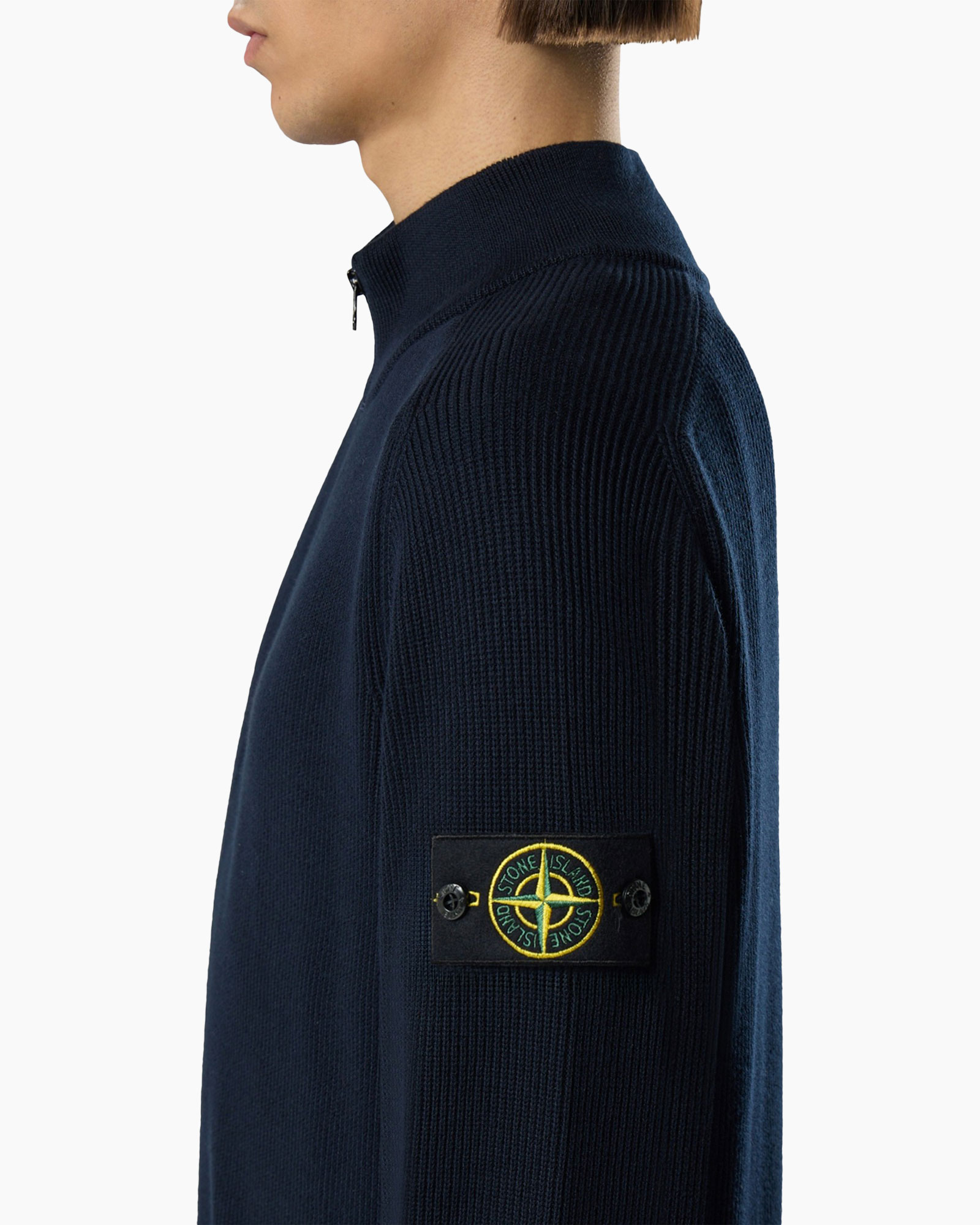 navy sweater, quarter-zip, ribbed knit, patch logo, slim fit