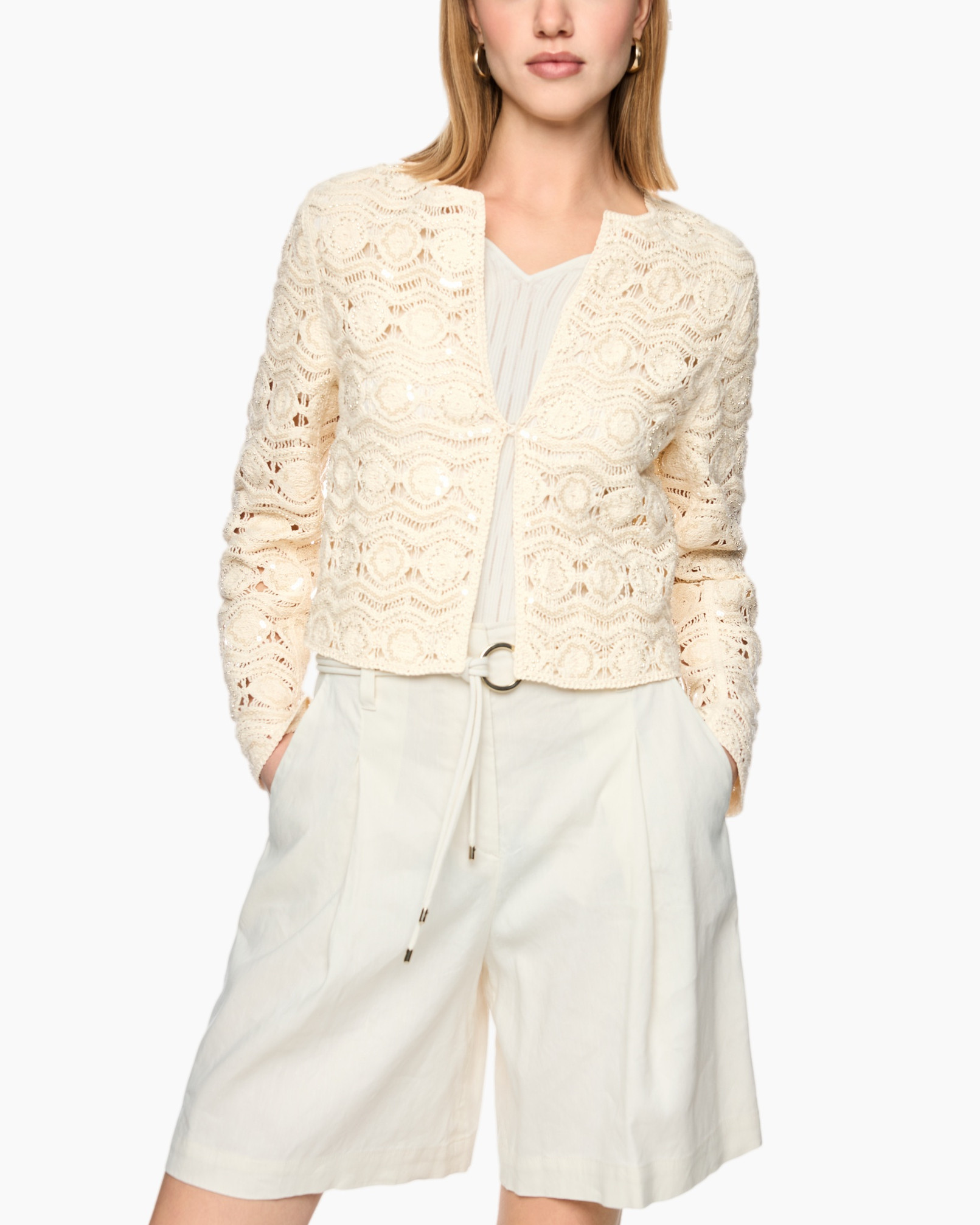 lace cardigan, cream color, short cardigan, crochet pattern, belted shorts