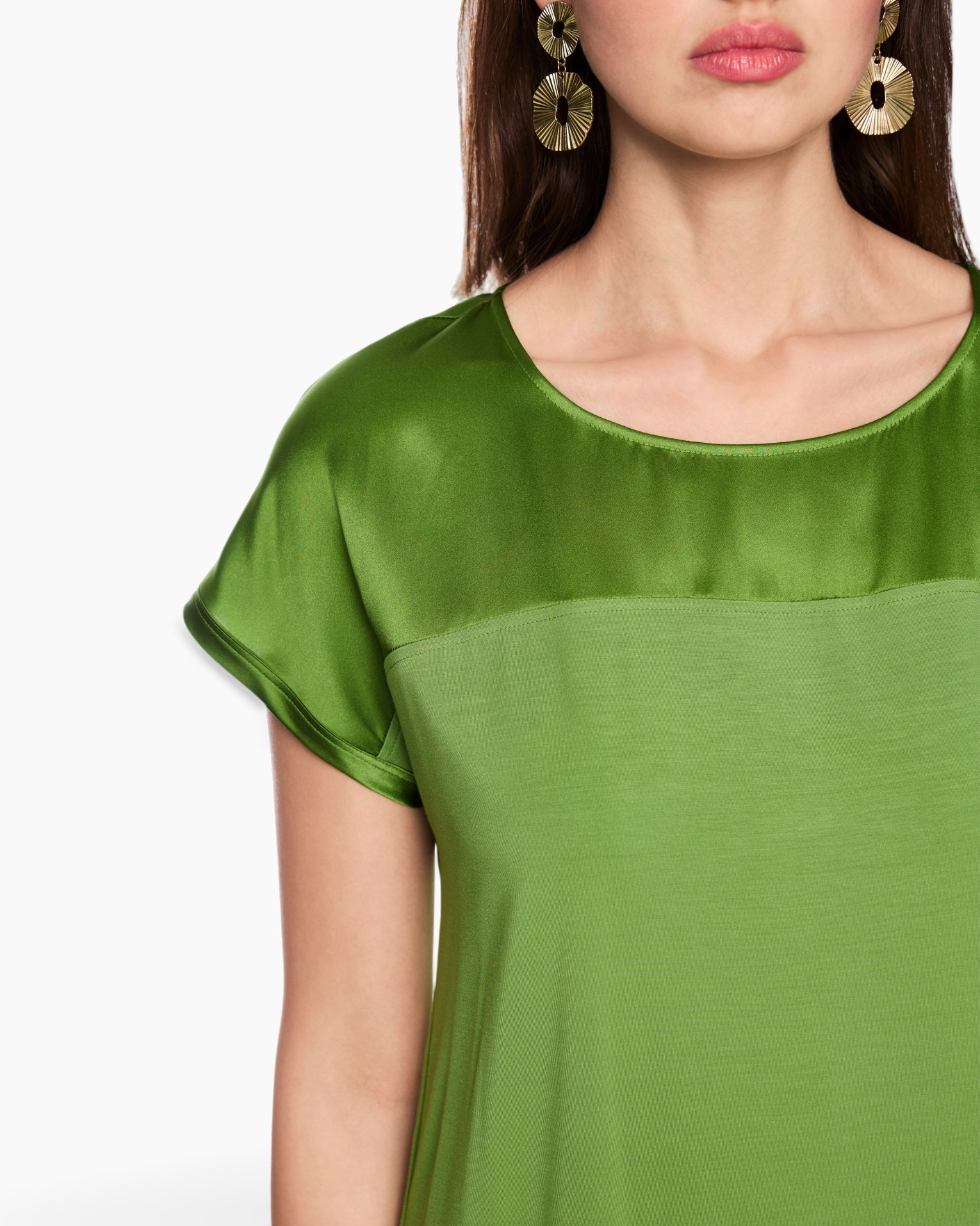 green, silky, top, short sleeve, round neck