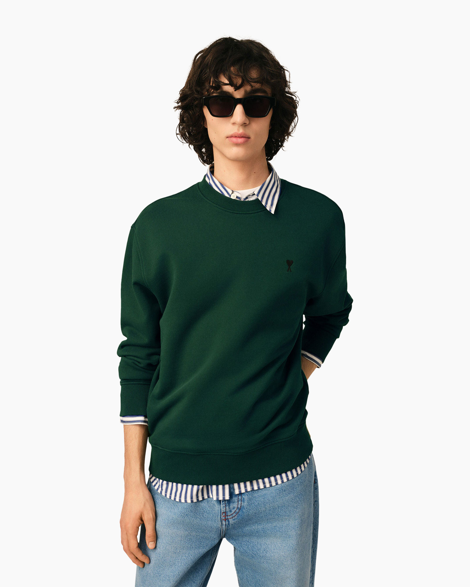 green sweater, crew neck, long sleeves, striped shirt, sunglasses