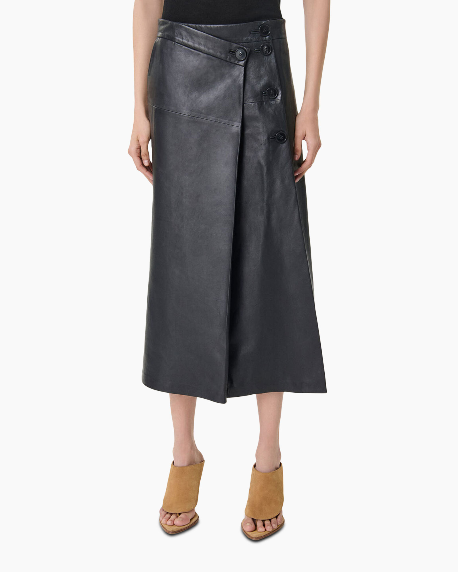 skirt, leather, wrap, mid-calf, buttoned