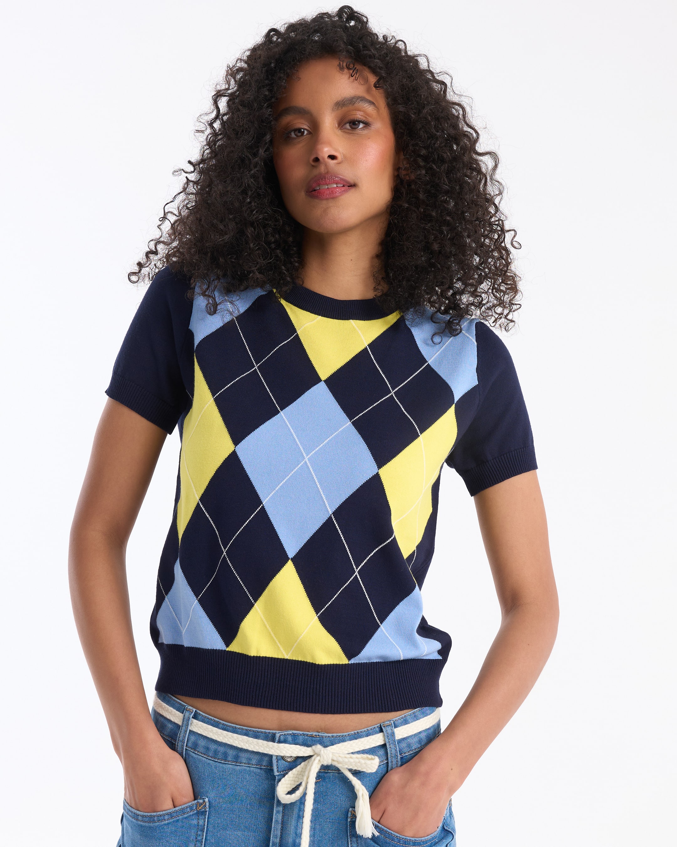 argyle, knit, sweater, short-sleeve, pullover