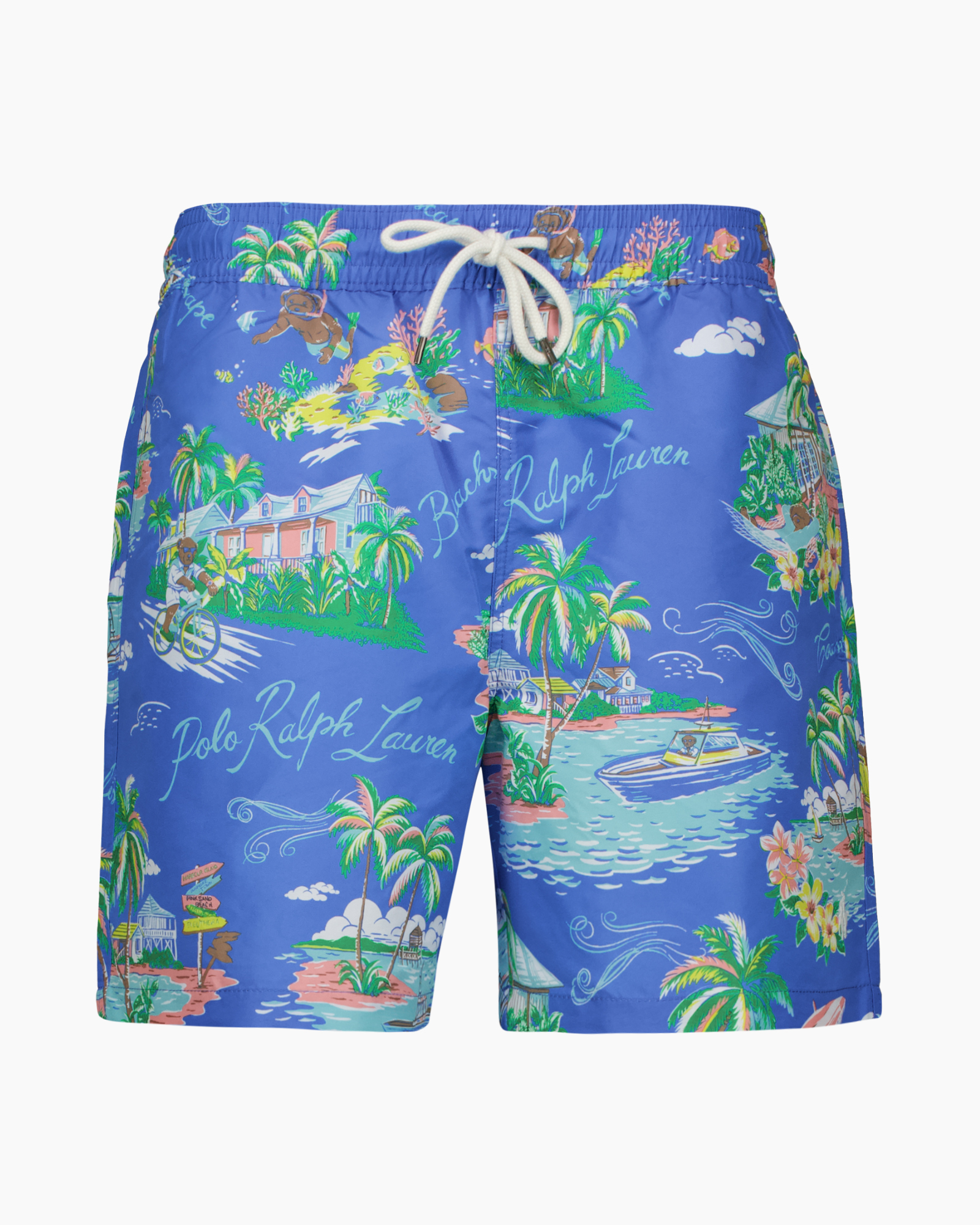swim shorts, board shorts, print, palm trees, blue