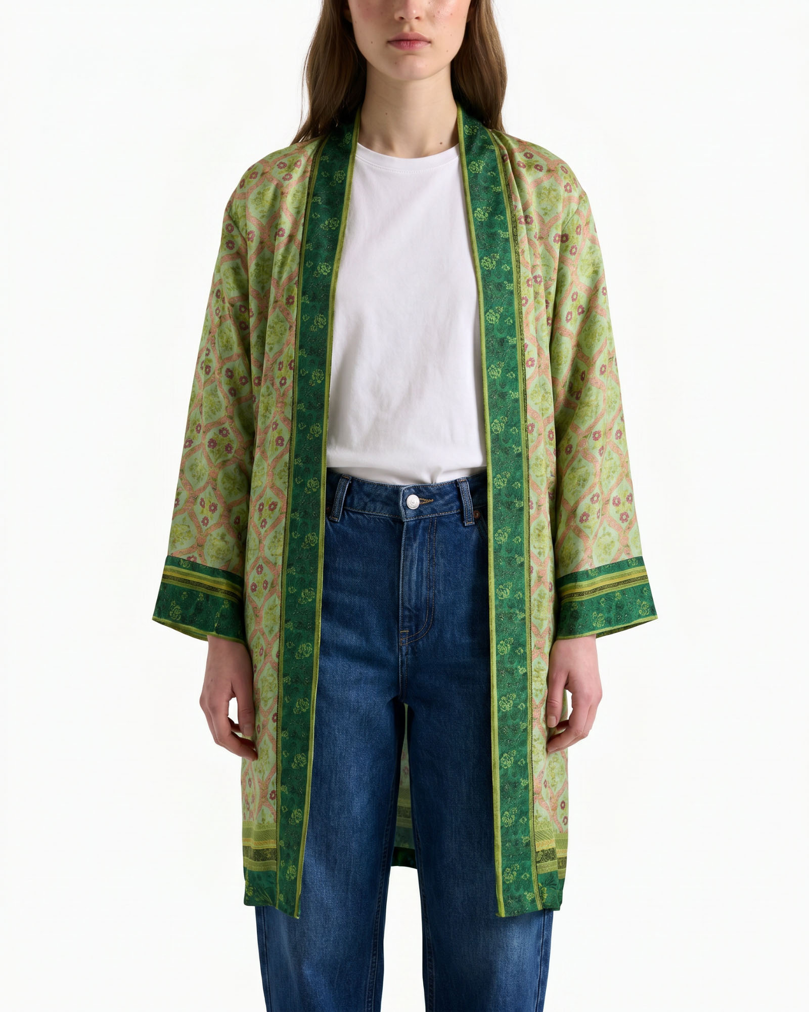 kimono, green, patterned, cardigan, open-front