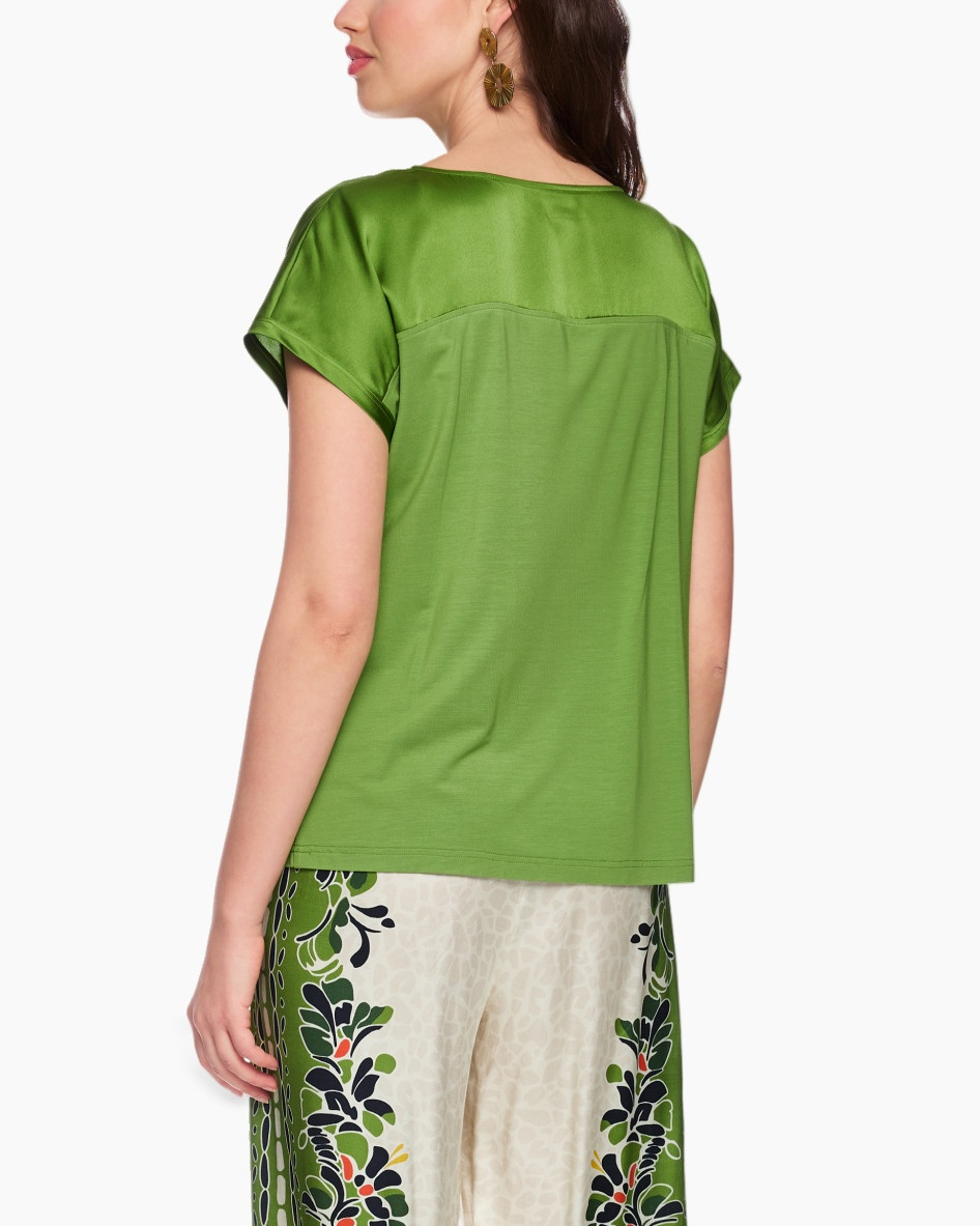 green top, silk shirt, short sleeve, round neck, knit look