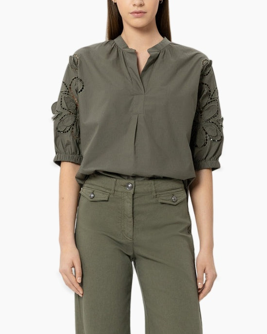 blouse, olive green, embroidery, puff sleeve, linen blend