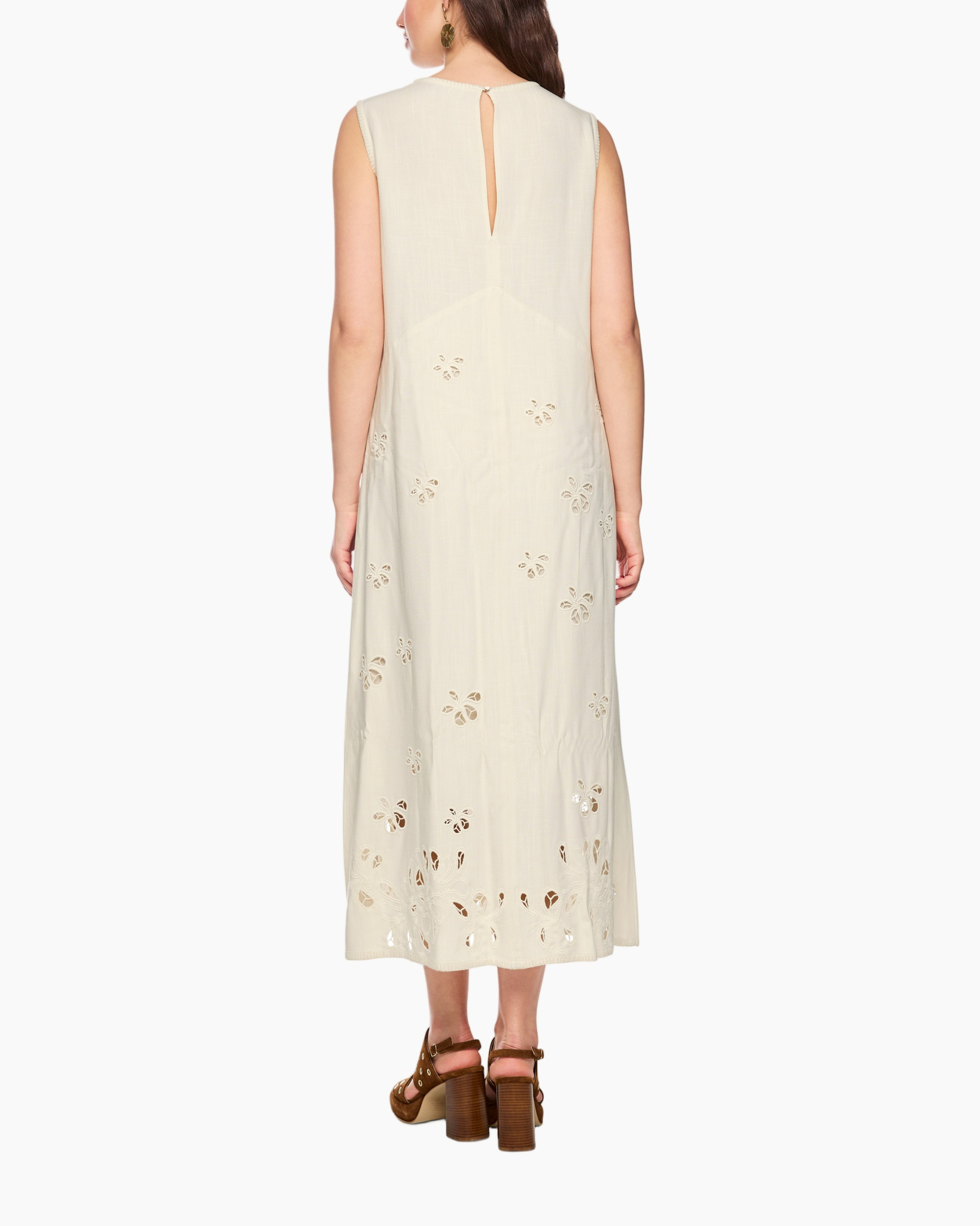 dress, midi dress, linen dress, eyelet pattern, sleeveless