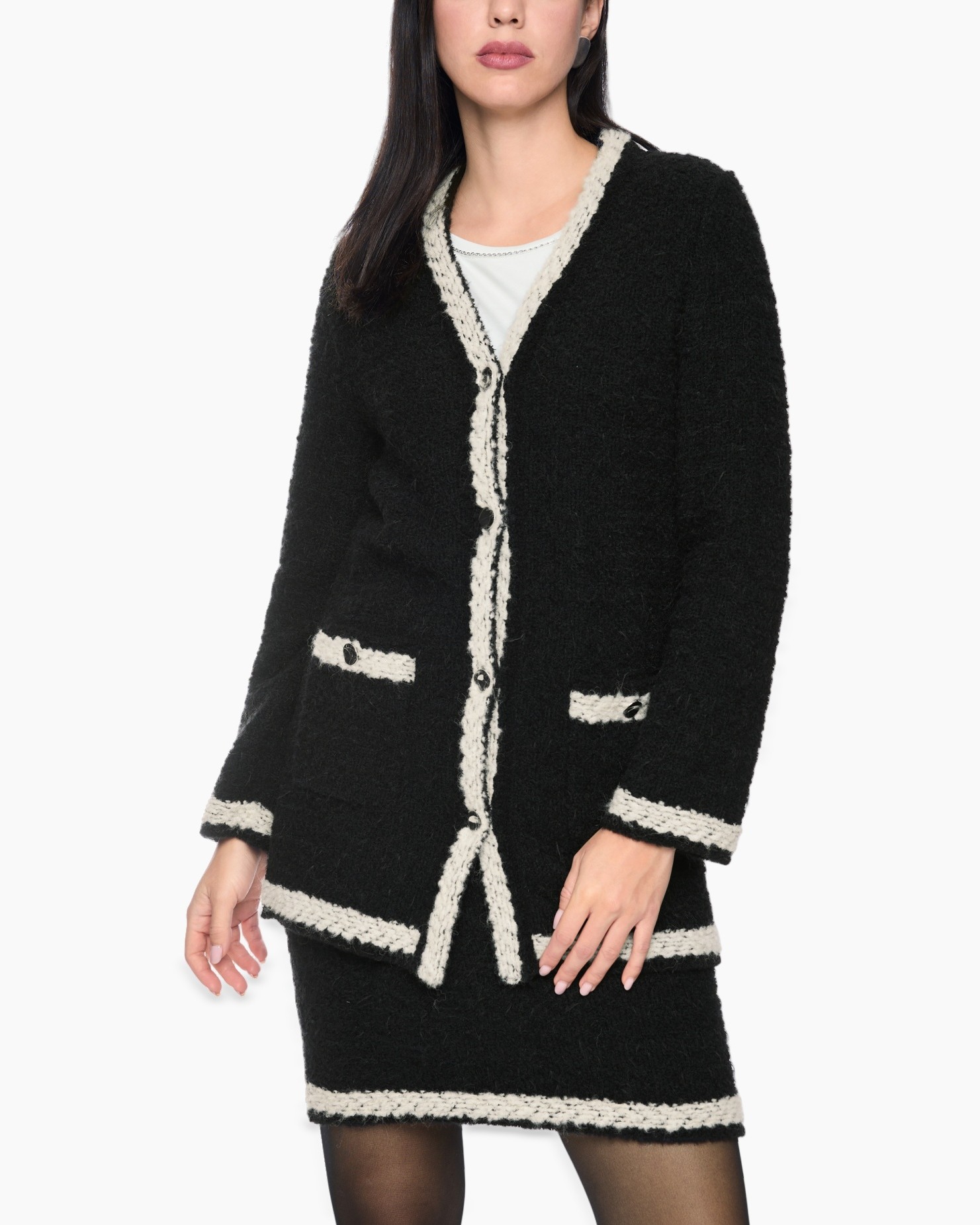 cardigan, bouclé, black, trim, buttoned cardigan