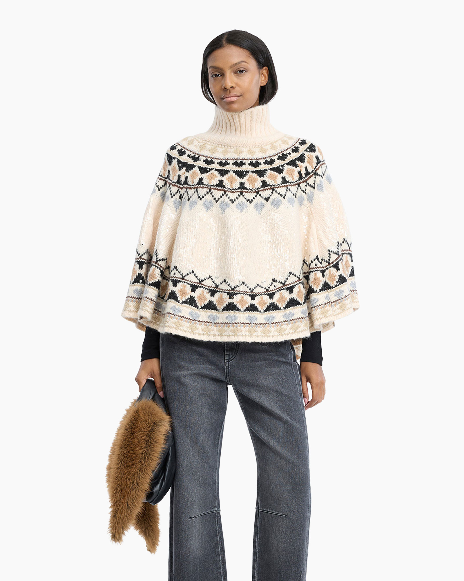 turtleneck sweater, knit sweater, fair isle, cream, poncho-like