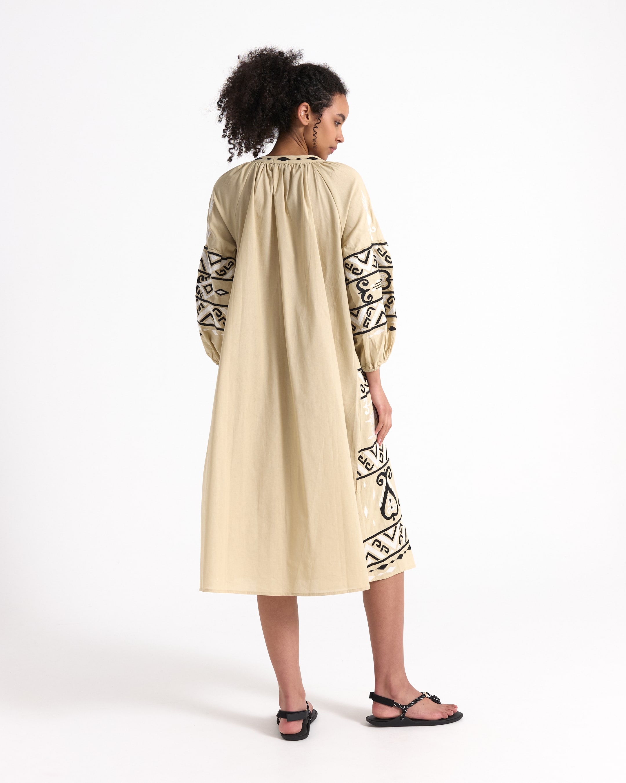 beige dress, embellished sleeves, long dress, mid-calf length, sandals