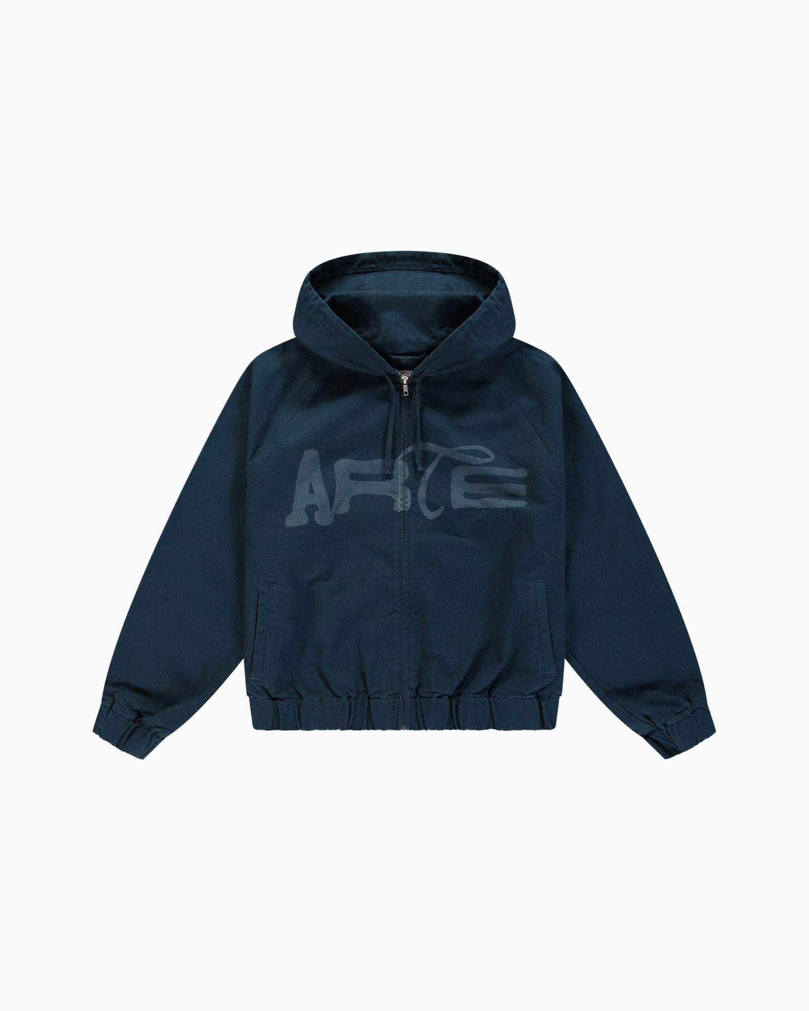 hooded jacket, zipper, navy blue, elastic hem, pocketed