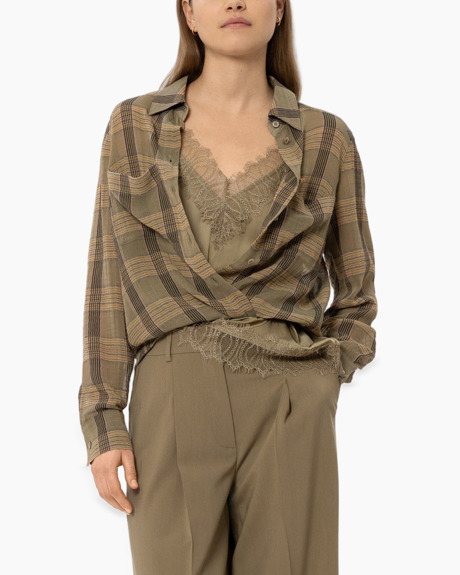 plaid shirt, wrap blouse, lace-trim top, olive green, wide-leg pants