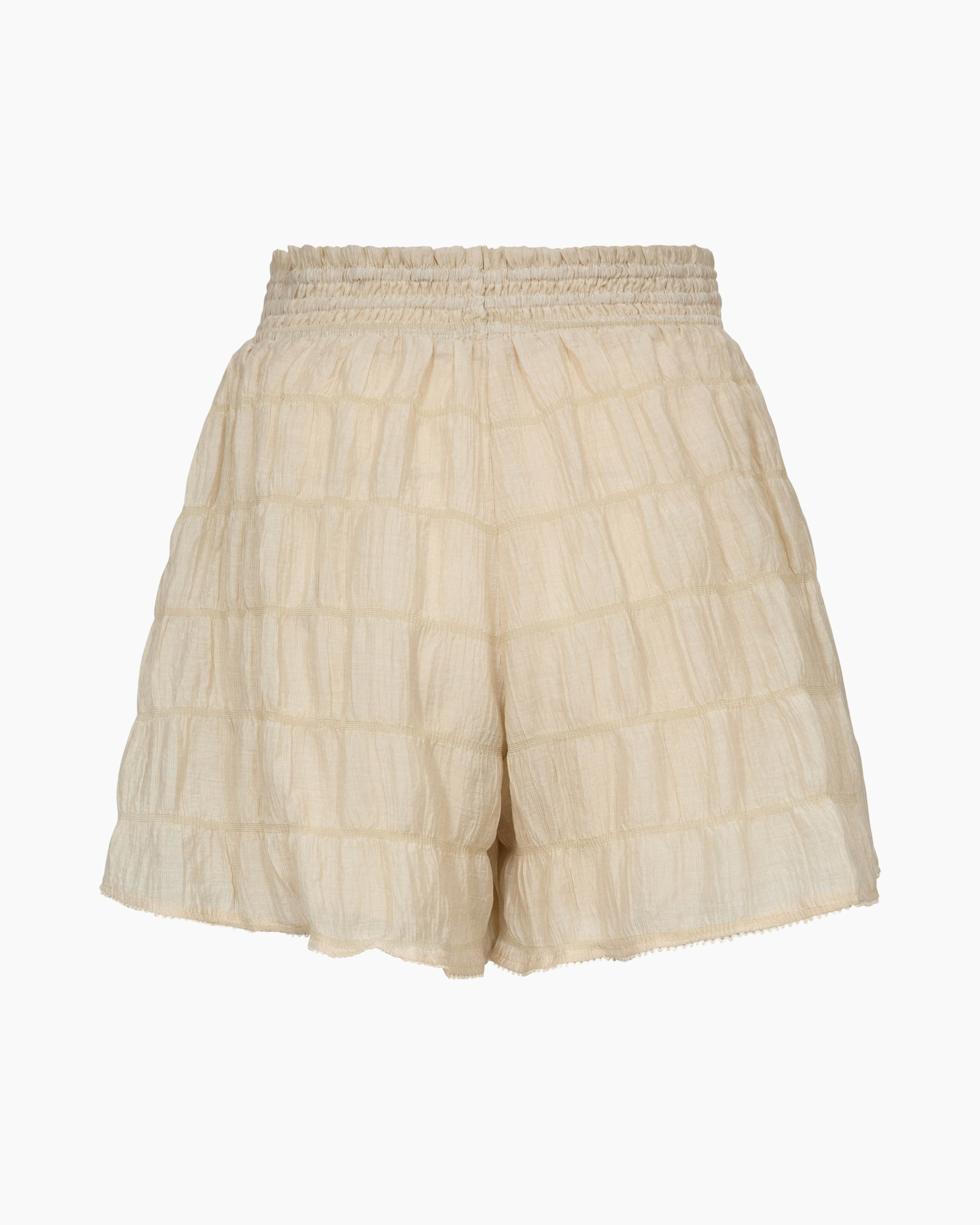 shorts, linen, cream, tiered, elastic-waist