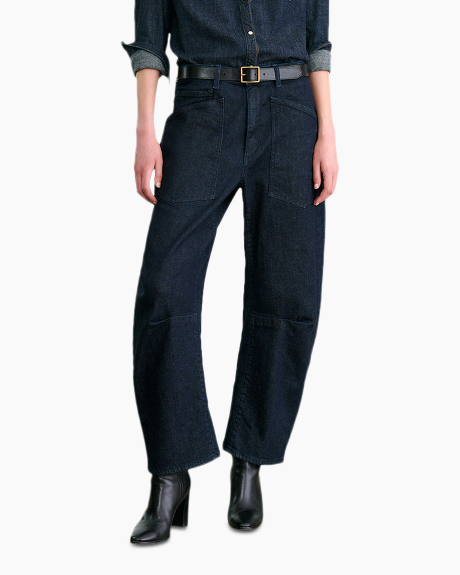denim pants, wide leg, high waist, pocketed, black belt