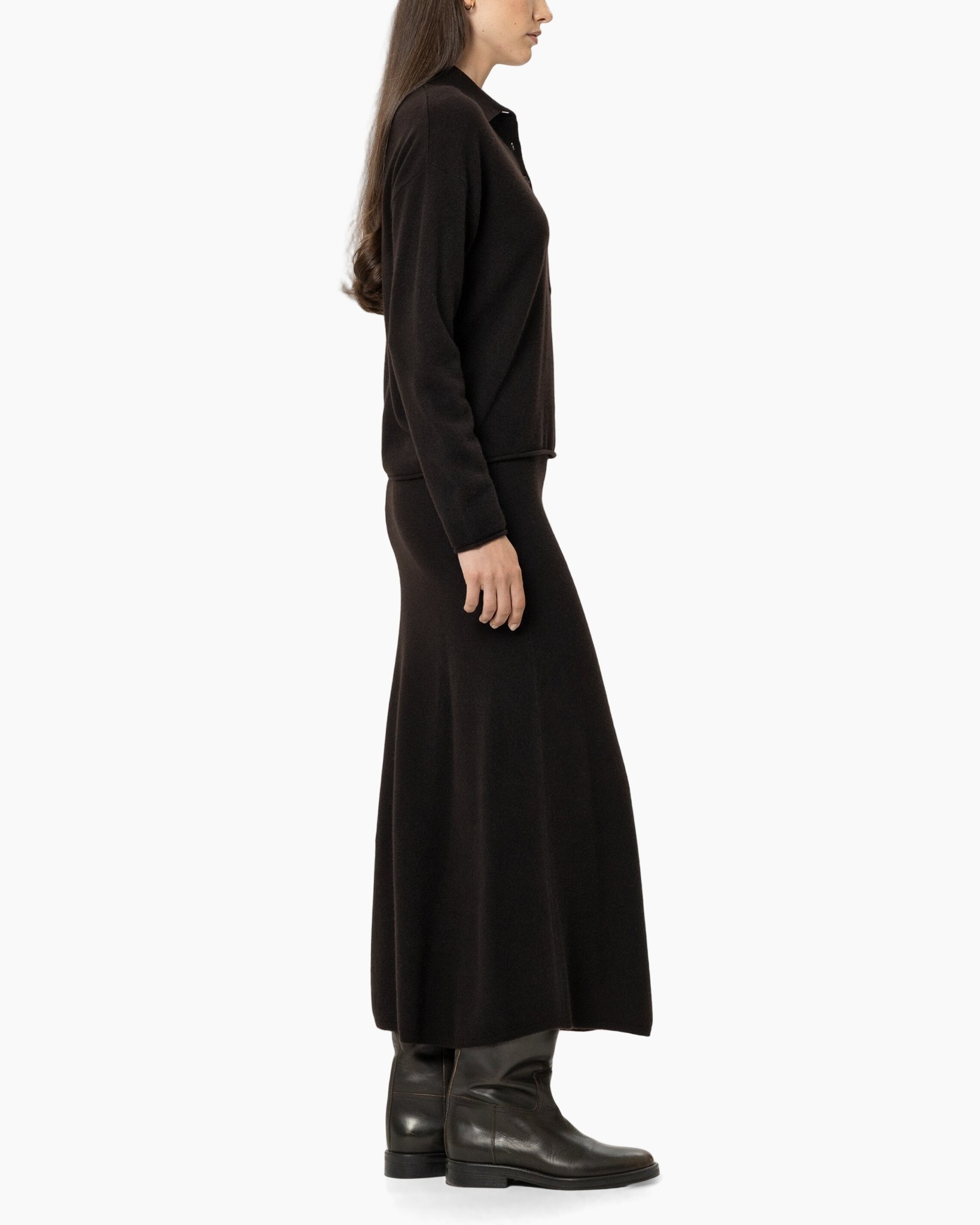 black, long skirt, ankle-length, boots, sweater dress