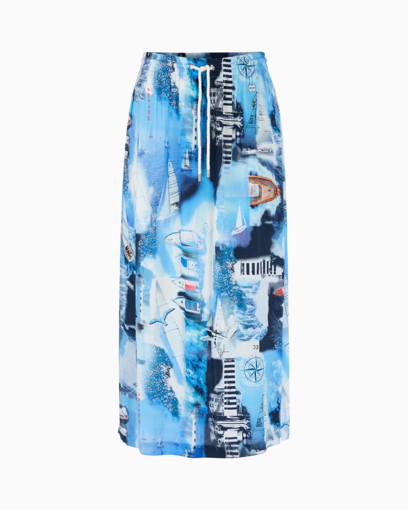 swim trunks, board shorts, blue print, drawstring, long