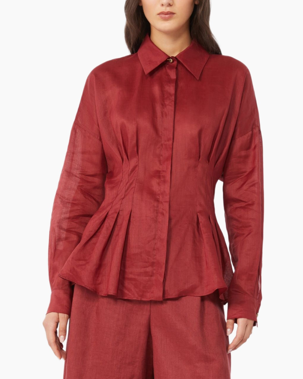 blouse, red, collared, pleated, long-sleeve