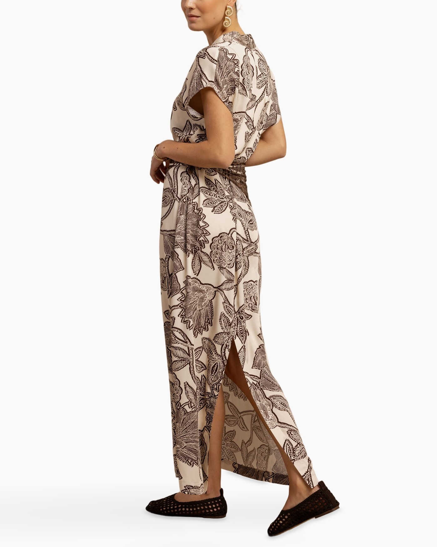 maxi dress, floral pattern, beige, short sleeve, slit dress