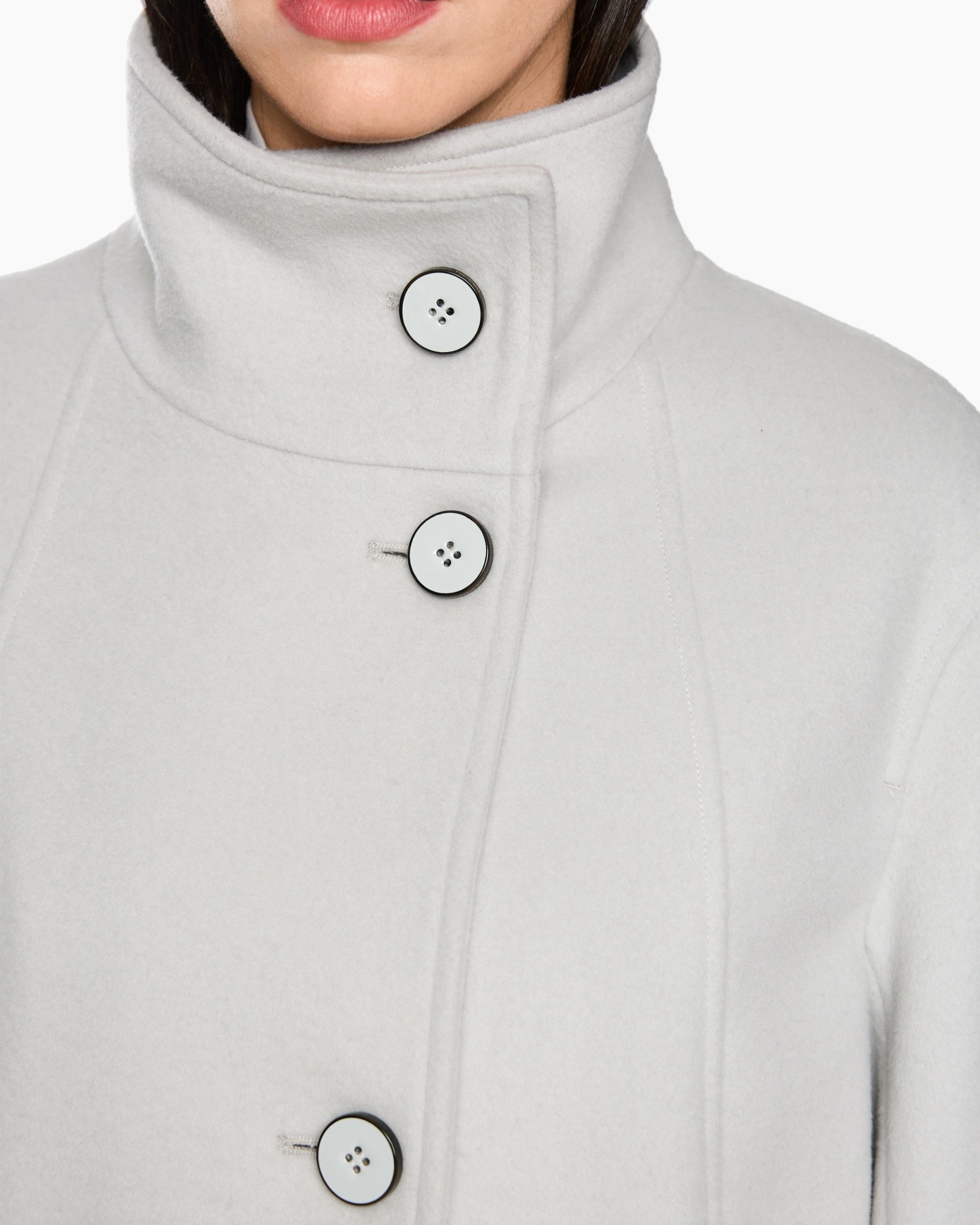 coat, outerwear, buttoned, high collar, light gray