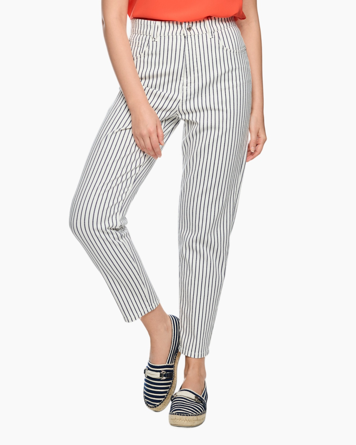 striped pants, linen pants, navy stripes, ankle length, slip-on shoes
