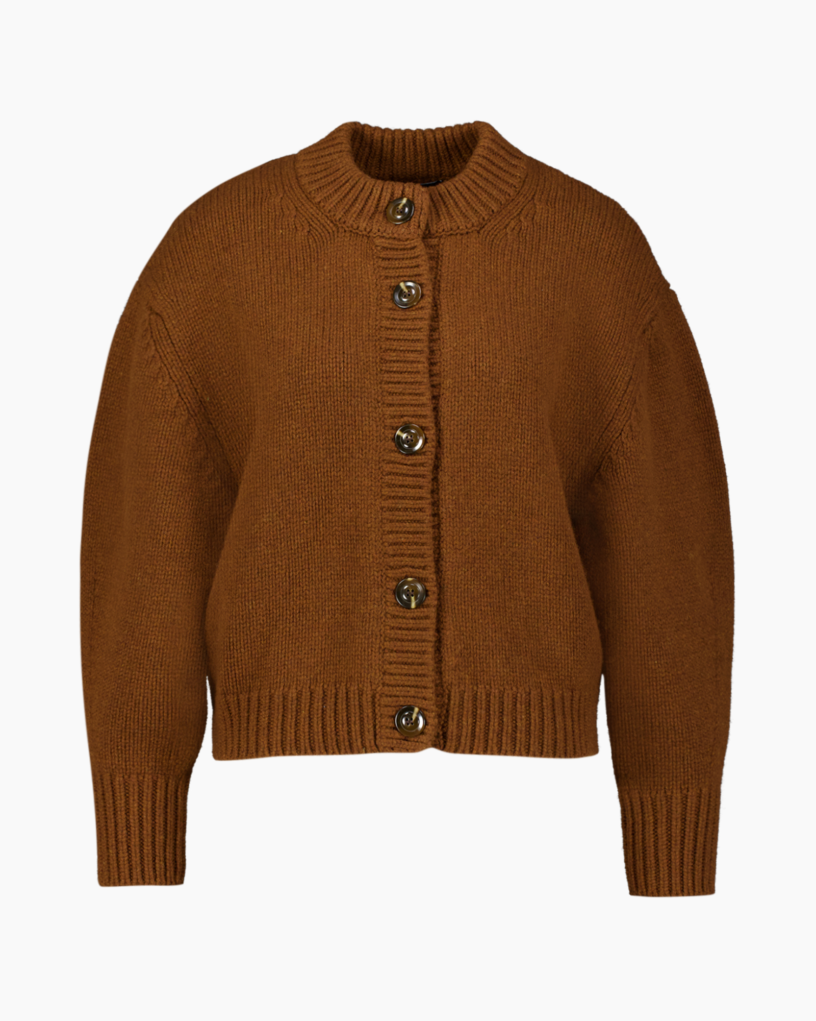 knit cardigan, brown cardigan, button cardigan, ribbed cuffs, crew neck