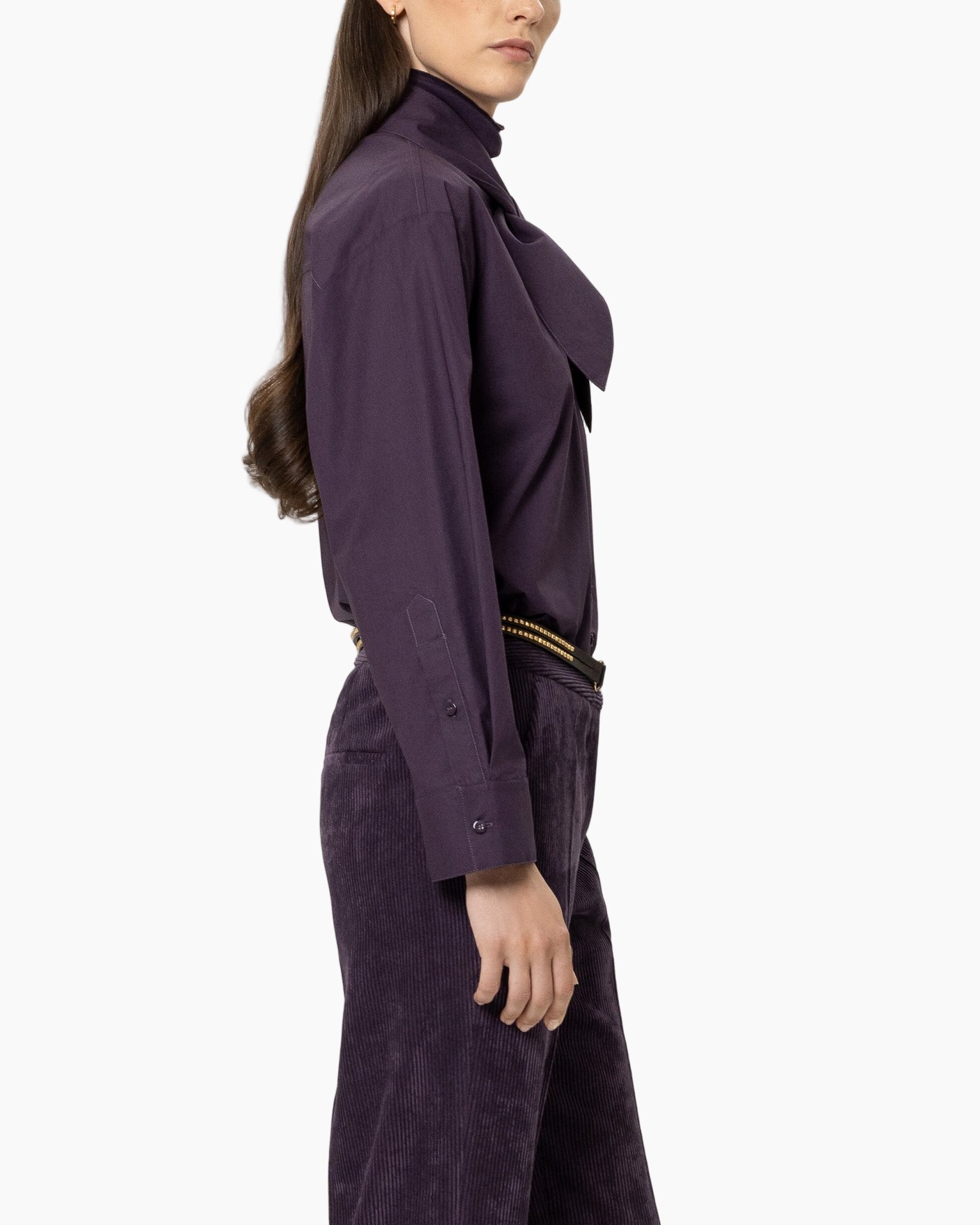blouse, purple, turtleneck, long-sleeve, corduroy-pants