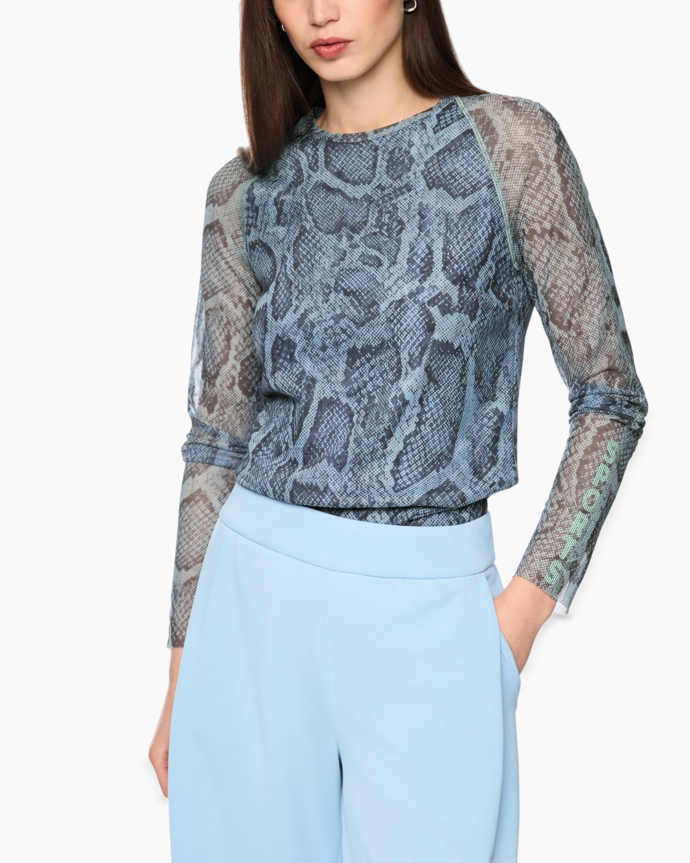 snake skin, snake print, mesh top, blue, long sleeve