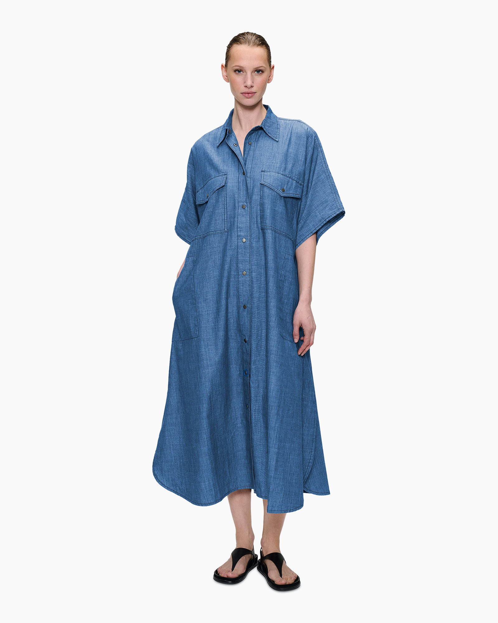 denim dress, long dress, button front, short sleeves, collared dress