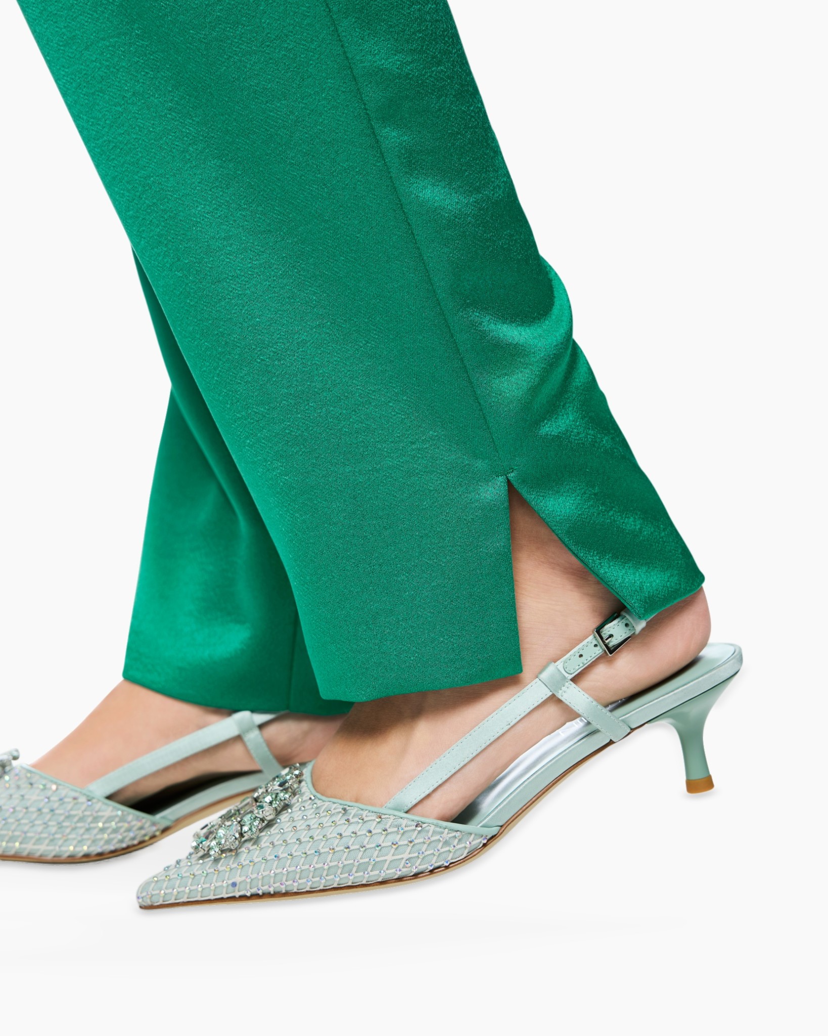 green pants, slip-on heels, pointed toe, strappy sandal, embellished buckle