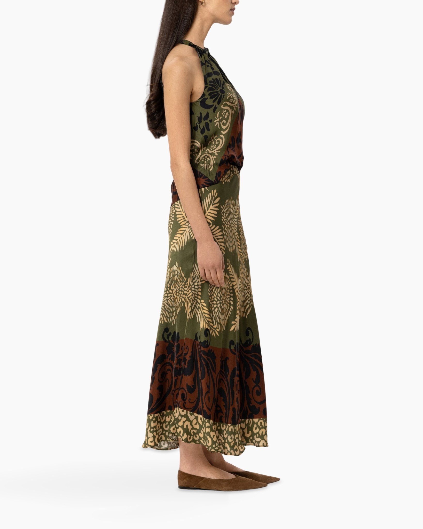 maxi dress, floral pattern, sleeveless, ankle length, earth tones