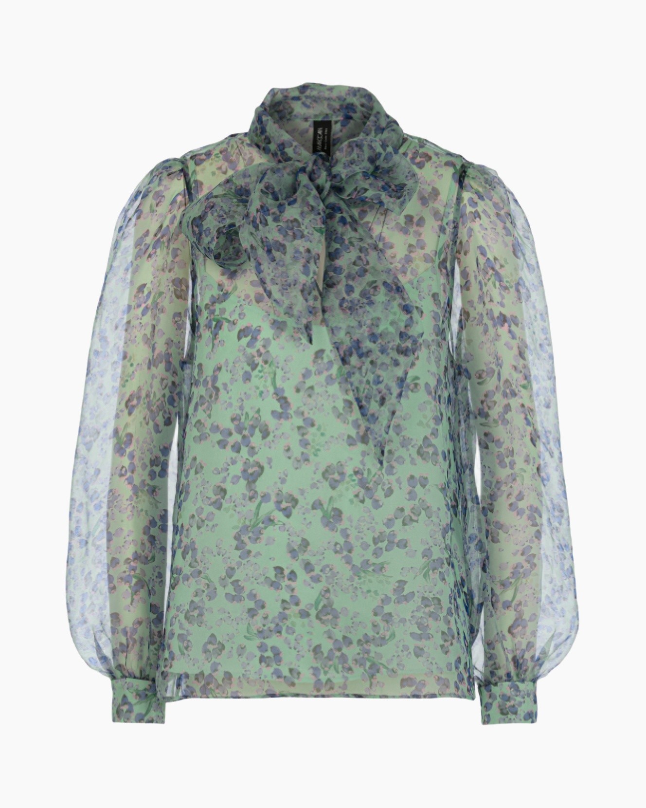 blouse, sheer, floral, green, puff-sleeves