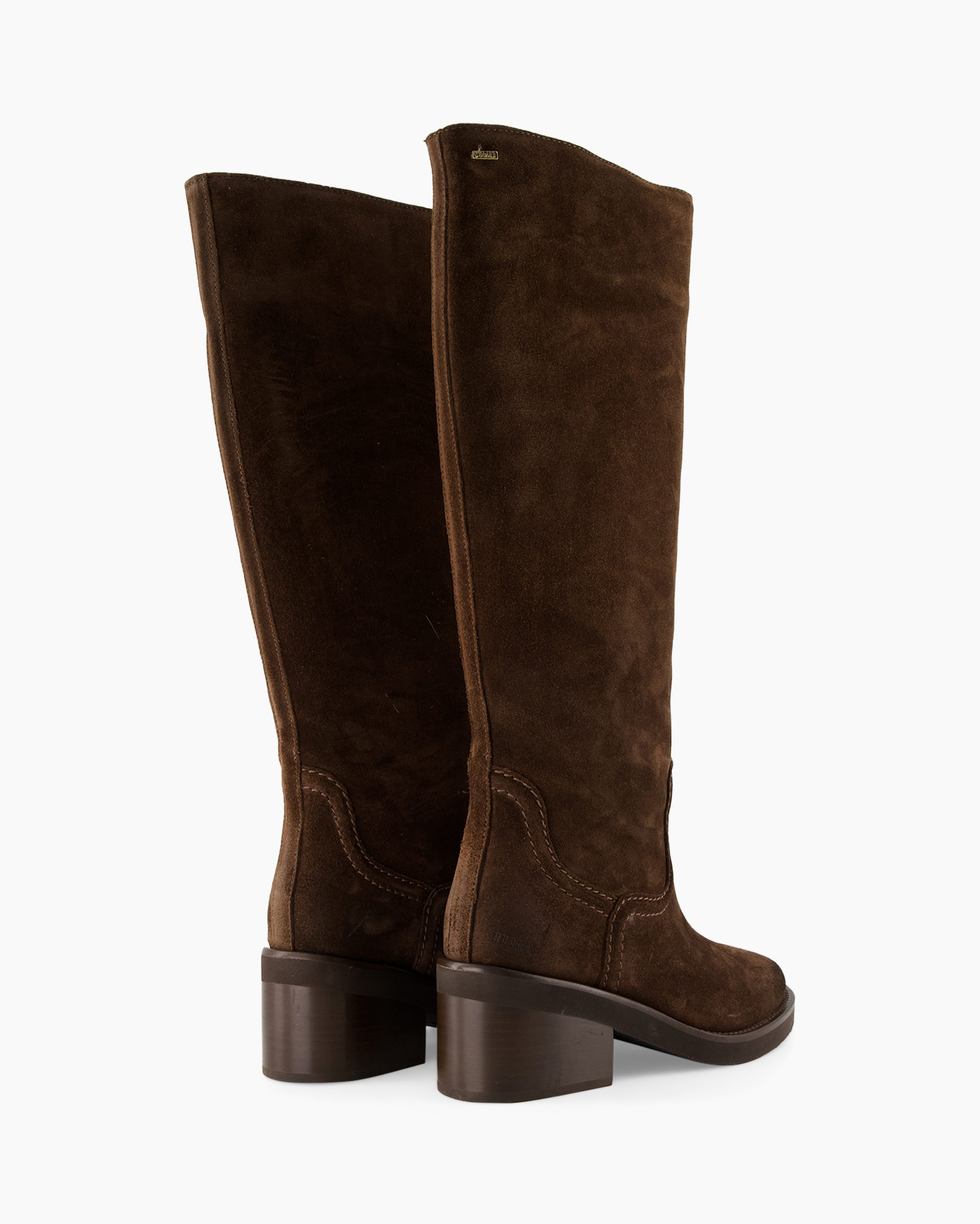knee-high boots, brown suede, block heel, mid-calf, stitched seam