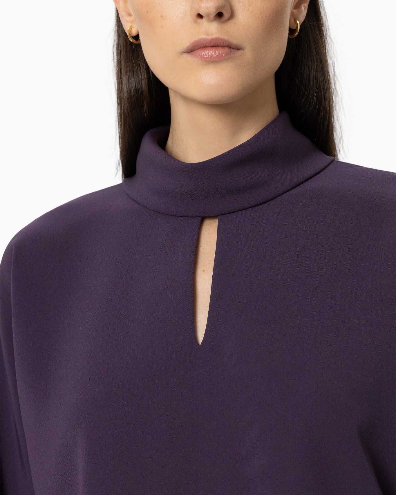 purple, turtleneck, keyhole, blouse, long-sleeve