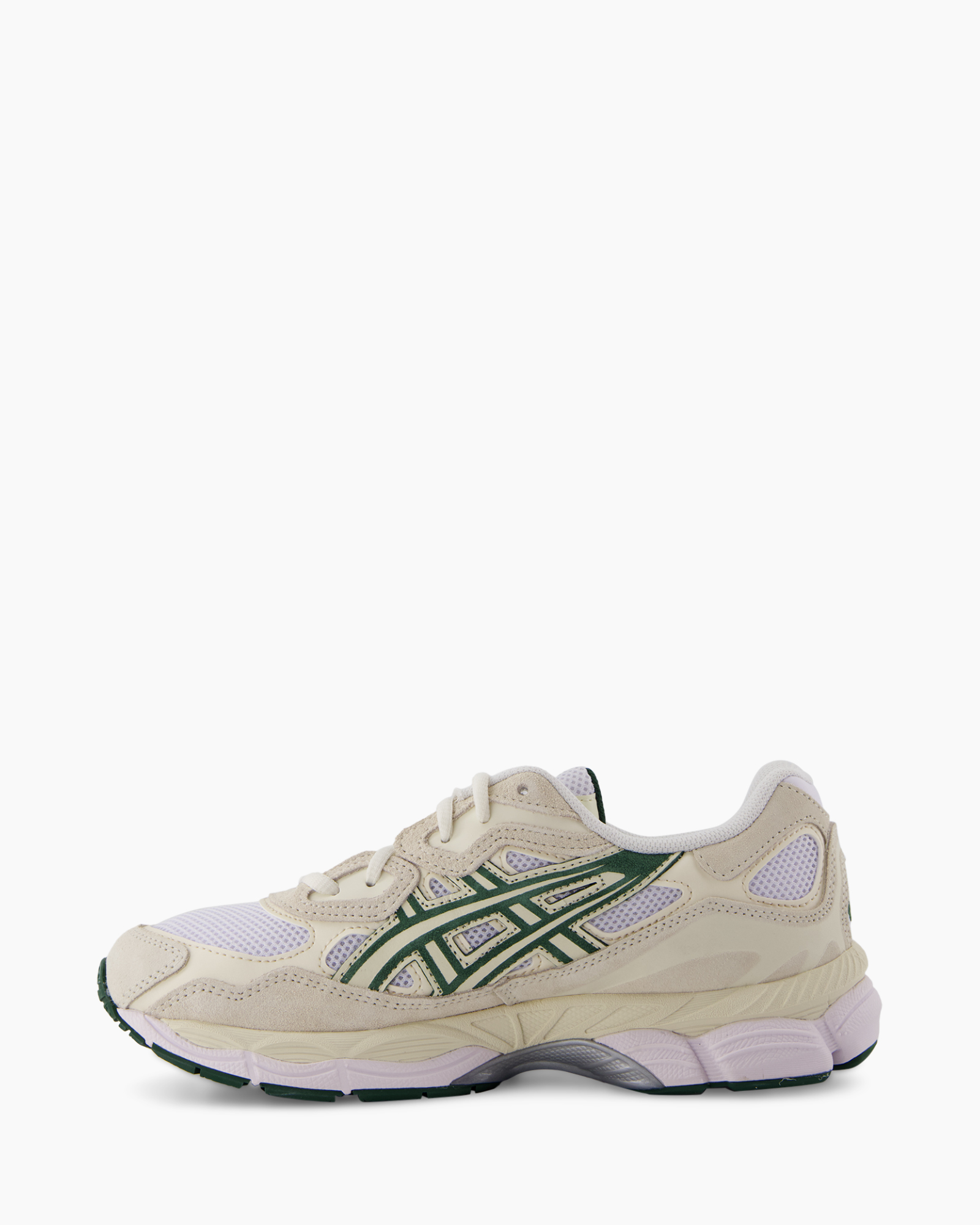 sneaker, running shoe, mesh, cream, green accents