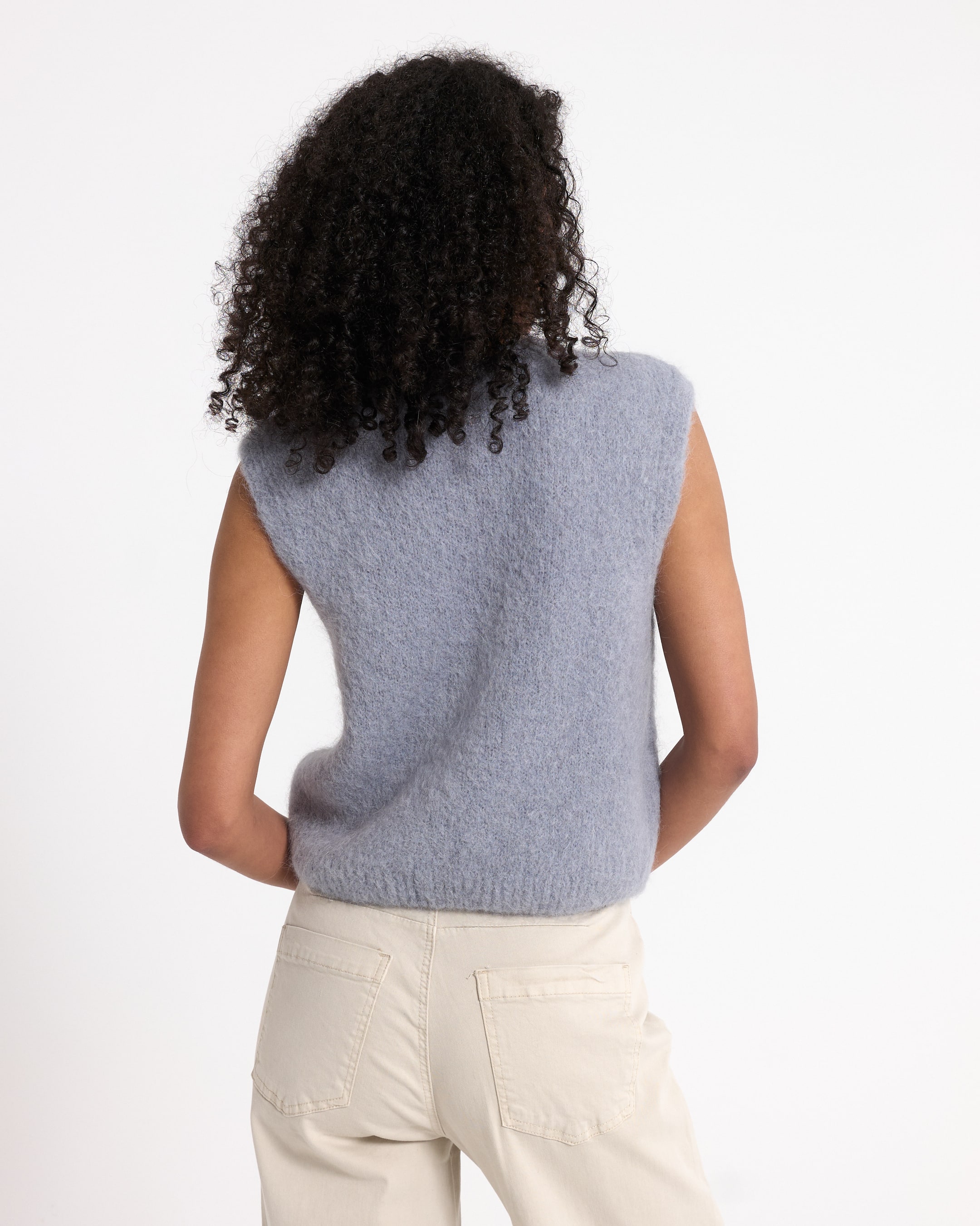 sleeveless sweater, blue knit, fur-like texture, midweight, women's top, sleeveless knit, blue-gray, soft texture, vest top, women's top