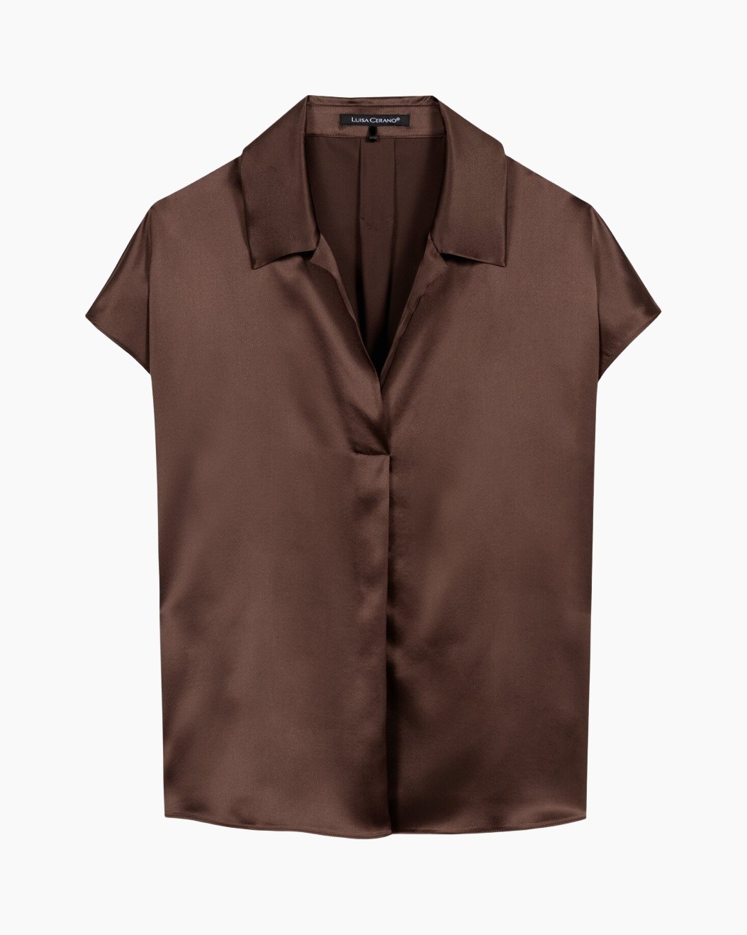 satin top, short sleeves, brown, collared, open front