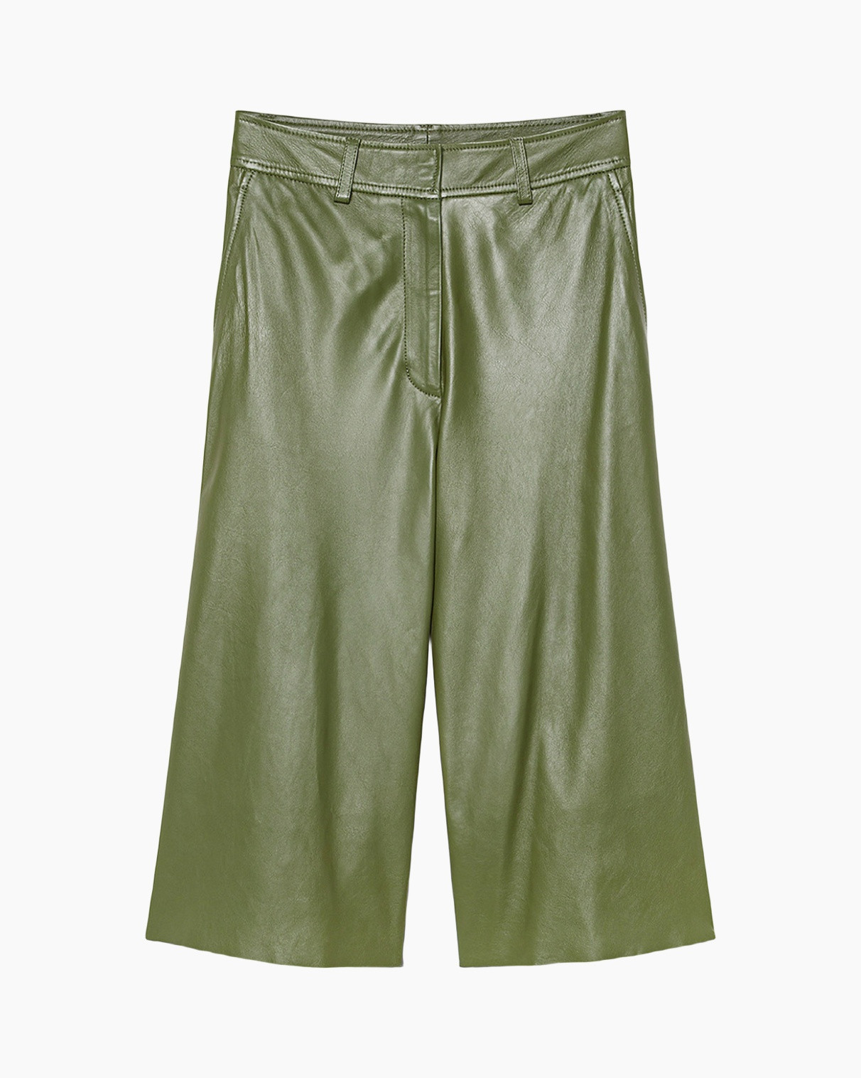 green, pants, wide-leg, leather-like, waistband