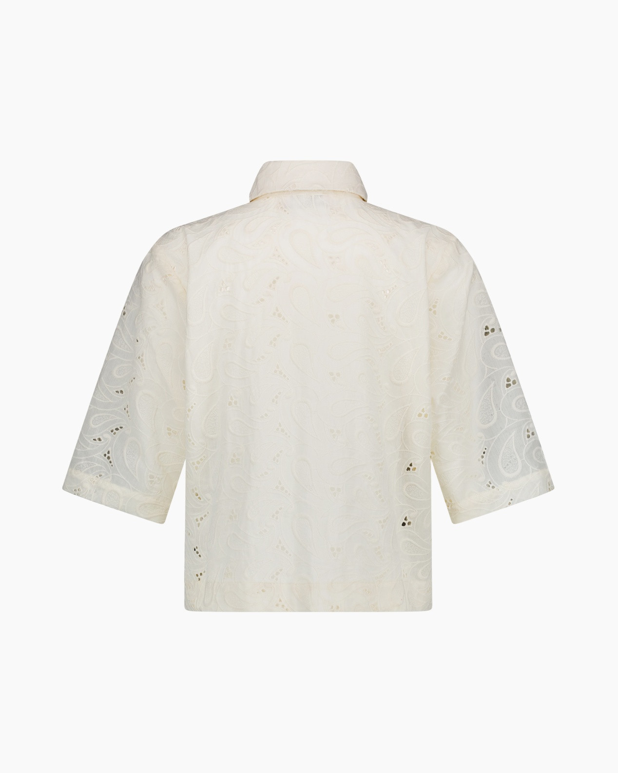 white, lace, three-quarter sleeve, collared, top