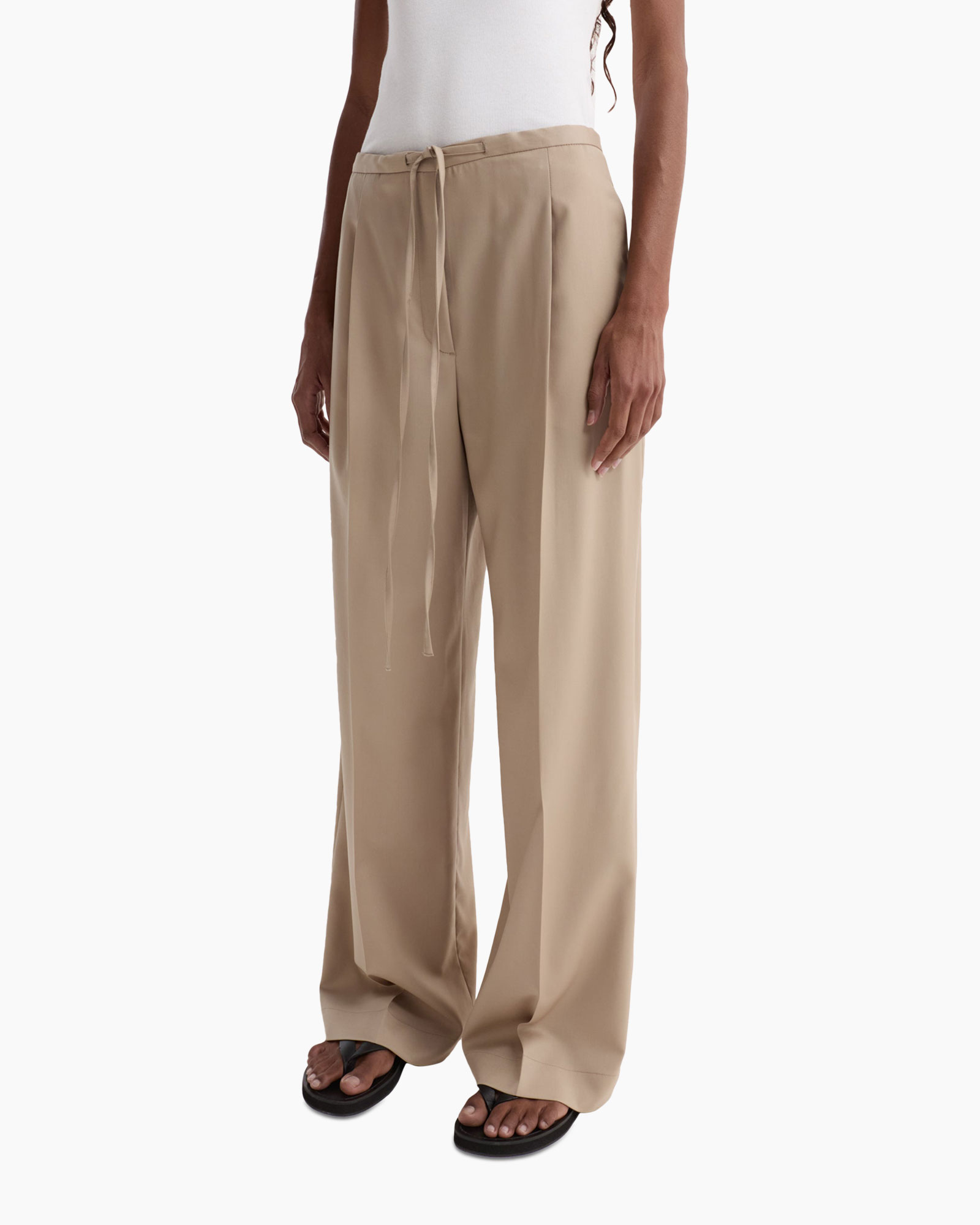 pants, wide-leg, beige, drawstring, slacks